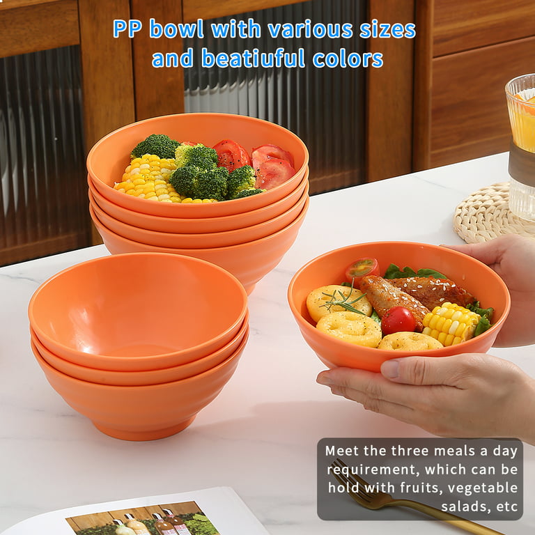 ReaNea Plastic Bowls Set of 8, 2 Sizes 17/34 oz Unbreakable and Reusable  Light Weight Bowl for Cereal, Soup, Pasta, Ramen, BPA Free (Orange)