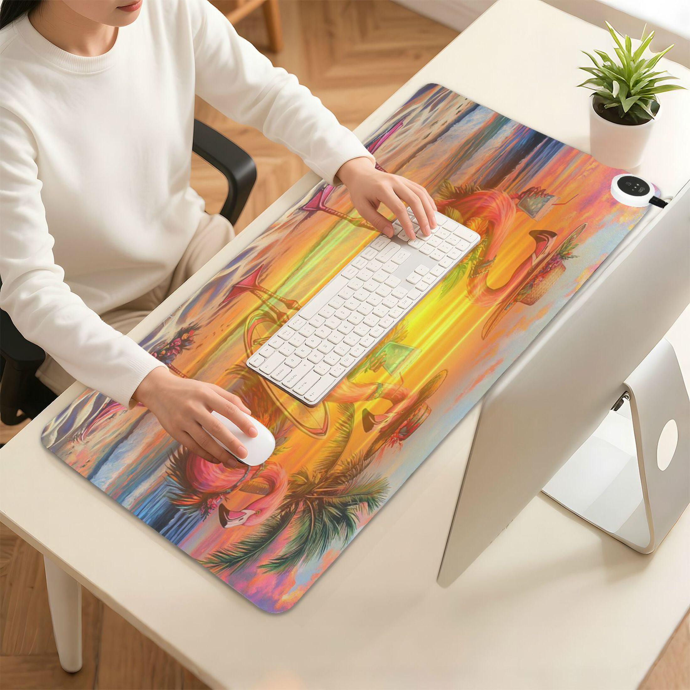 Wobogo Summer Flamingo Heated Mouse Pad Extra-Large Desk Mat With 3 Heating Levels and 3-hour Auto Shut-Off Protection Ideal for Computer Keyboards Home Office Hand-warming Essential 31.5in × 13in