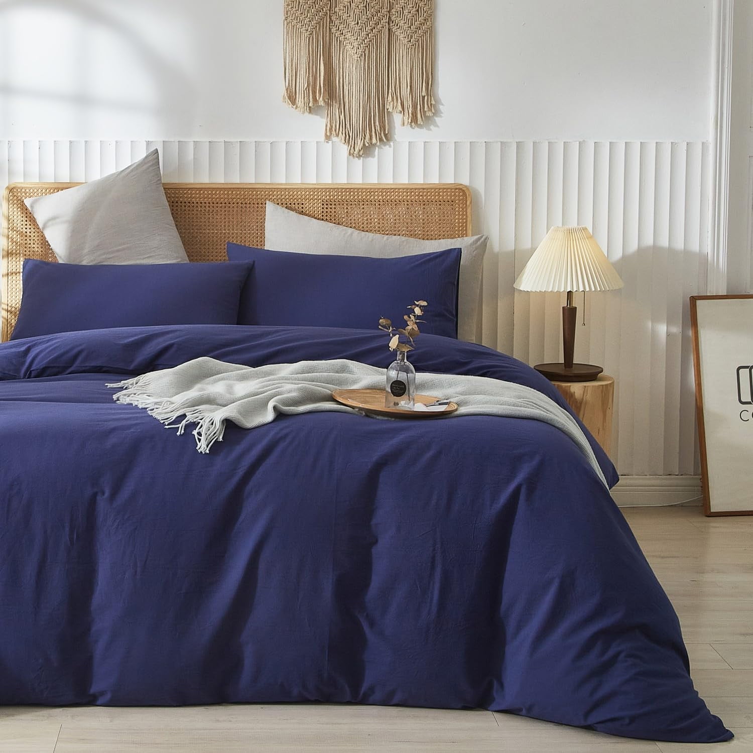 Washed Cotton Duvet Cover Set Linen Feel Natural Wrinkle Lightweight Comfy (King  Linen)