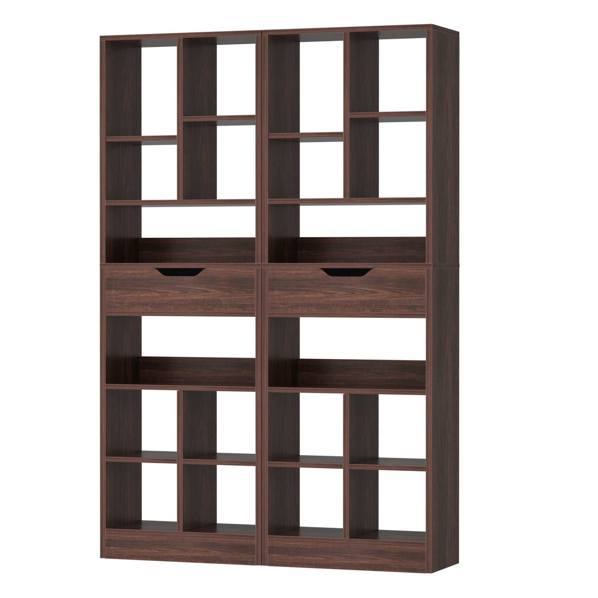 Homieasy 73.6''Tall 10-Cube Bookcase with Drawer and Adjustable Shelves(2-Piece Set), Walnut