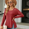 thumbnail image 4 of BLVB Womens Long Sleeve Square Neck Tshirts Solid Color Button Side Slit Fall Basic Work Blouses Tunic Tops Red, 4 of 7