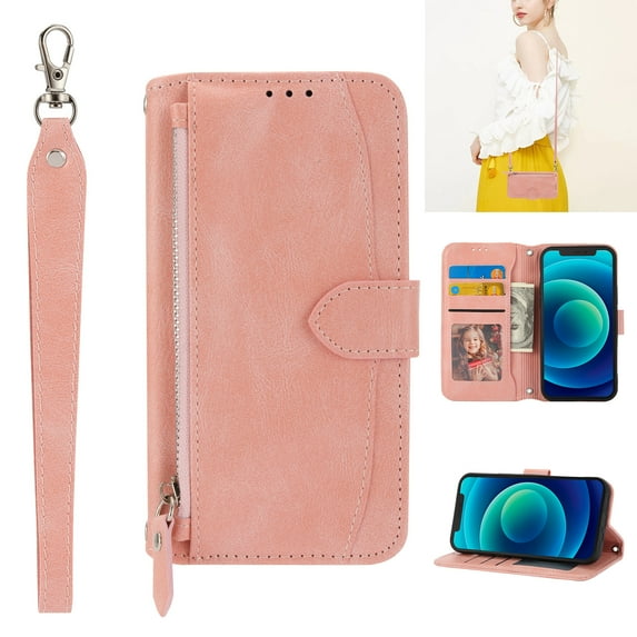 Nalacover Zipper Wallet Case for Samsung Galaxy S21 Plus, Detachable Shoulder Strap Crossbody Luxury PU Leather Wrist Strap Handbag Magnetic Clasp Cover with Kickstand Card Slots Holder Case,Pink