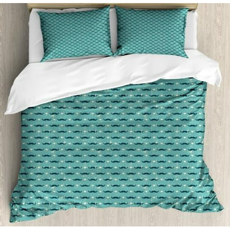 Hipster Queen Size Duvet Cover Set Mustaches Little Hearts Manly