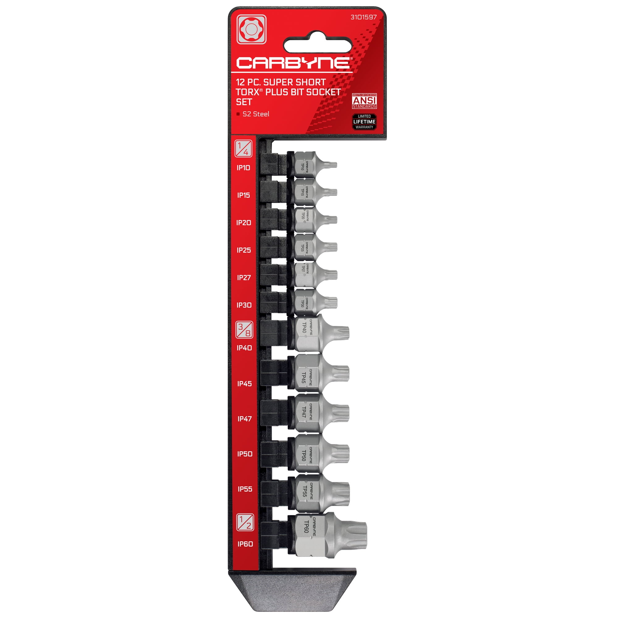 Carbyne 12-Piece Torx Plus Super Short Low Profile Bit Socket Set, 6 Lobe, Tp10 to Tp60, S2 Steel, Dual-Drive, 1/4 3/8 1/2 in. Drive, Genuine Licensed