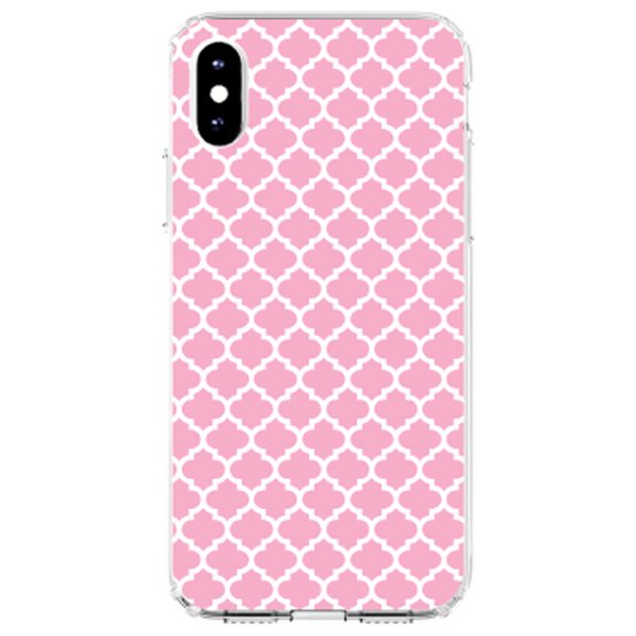 DistinctInk Clear Shockproof Hybrid Case for iPhone X / XS (5.8" Screen) - TPU Bumper, Acrylic Back, Tempered Glass Screen Protector - Pink White Moroccan Lattice