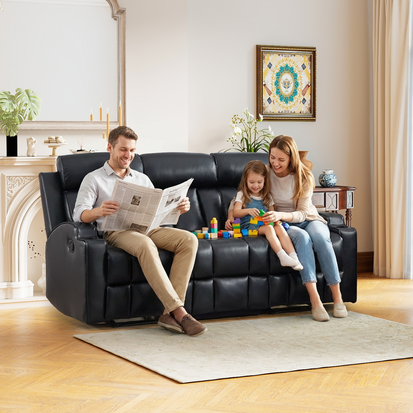 Ebello Manual Recliner Sofa, PU Leather Overstuffed 3-Seat Reclining Couch with Cup Holders for Living Room & Home Theater, Black