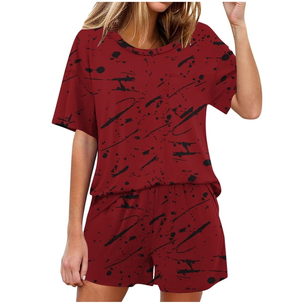 Conjunto de Pijama de las Mujeres de Moda Casual Color Sólido Manga Corta Cuello Redondo Top Y Pantalones
