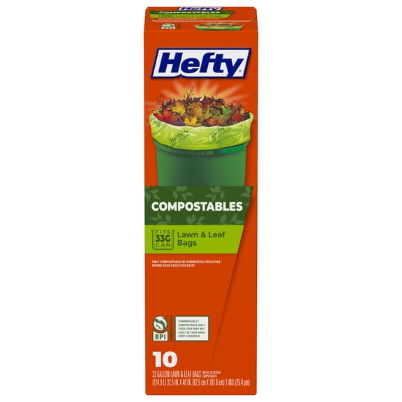 Hefty Compostables Lawn & Leaf Garbage Bags, 33 Gallon, 10 Count