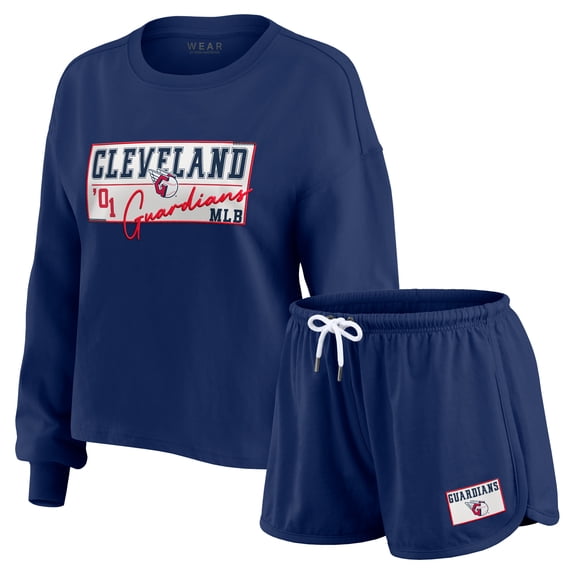 Women's WEAR by Erin Andrews Navy Cleveland Guardians Heavy Rugby Jersey Cropped Long Sleeve T-Shirt & Shorts Lounge Set