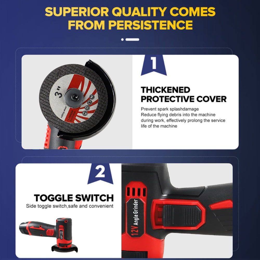 NEWONE Cordless Angle Grinder Kit 12V 19500rpm with 2pcs 1500mAh Battery and 5 Cutting Discs 3 inch Mini Angle Grinder for Cutting Grinding Polishing
