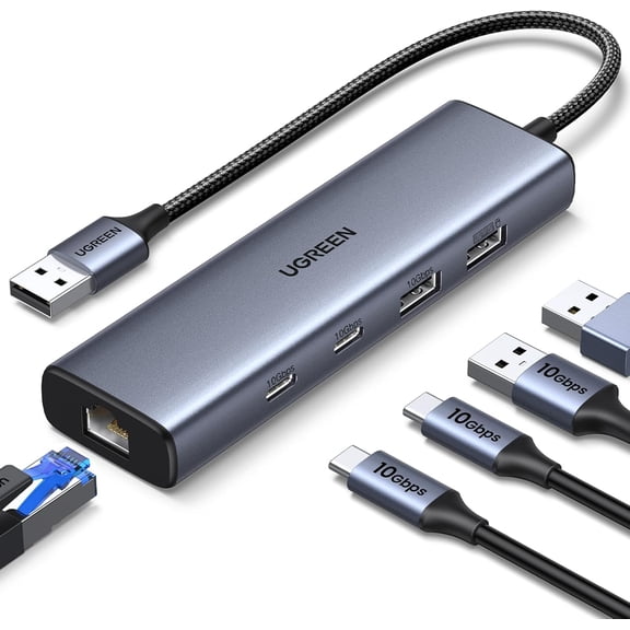 USB to Ethernet Adapter, 5 in 1 USB Hub with Ethernet with 2* USB-C 3.2 (10Gbps)   1*USB-A 3.2/1*USB-A 2.0/Gigabit RJ45, Network LAN Internet Dongle Compatible for Laptop, MacBook Pro/Air, XPS