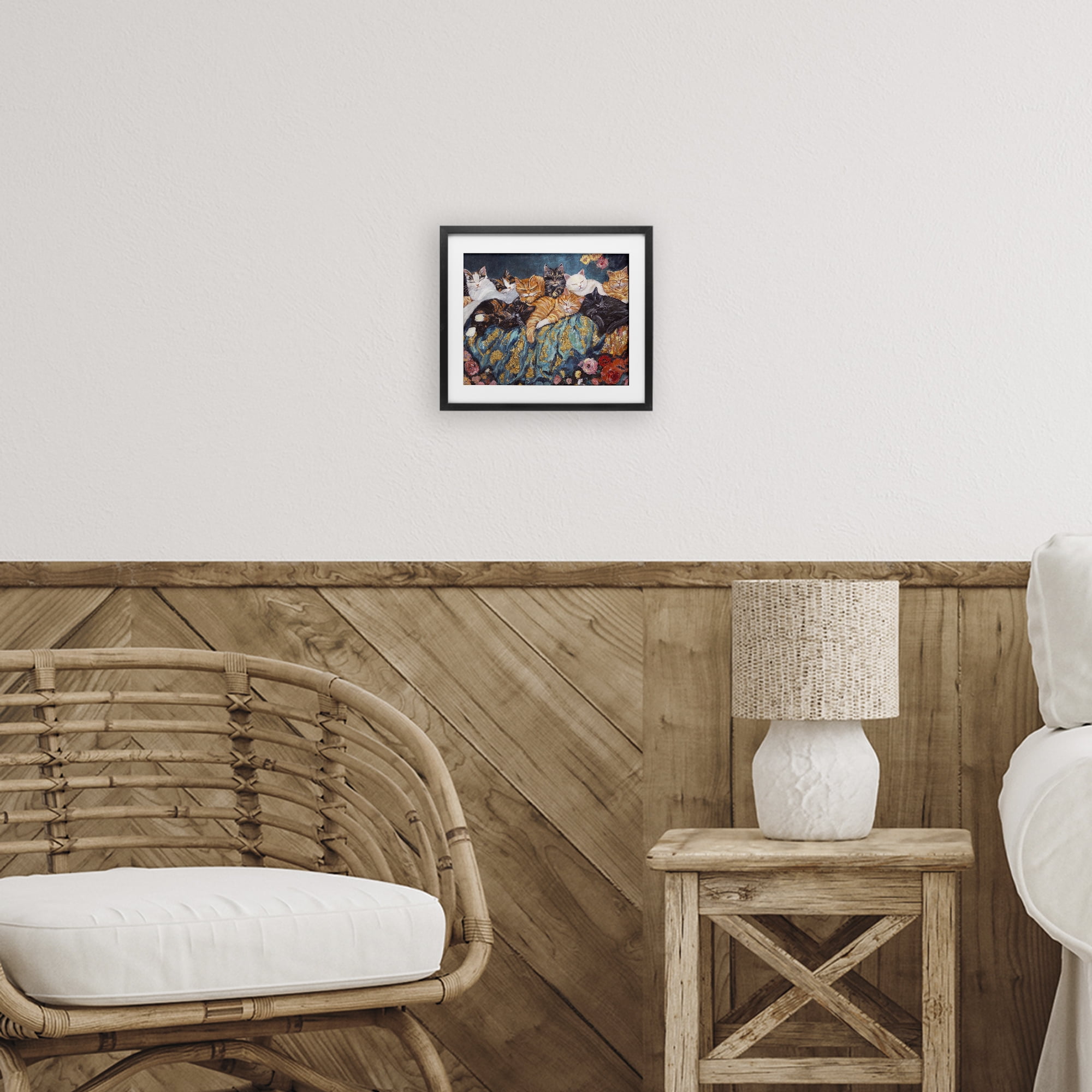 Sleepy Kitty Crowd with Flowers Black Framed Print Under Glass, design by Sara Culpepper