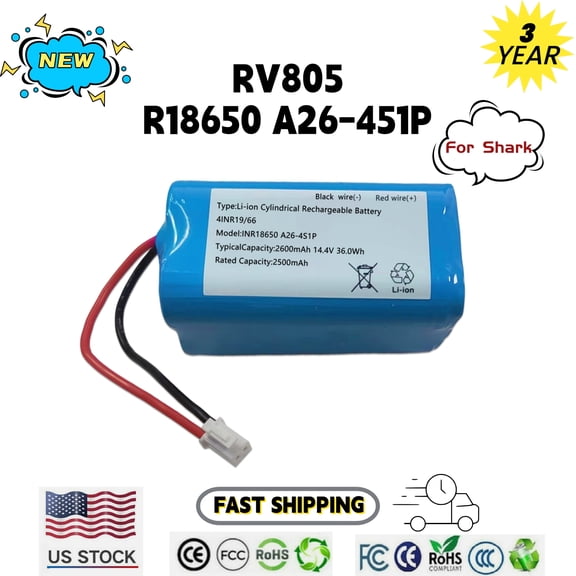 Battery for Shark Ion R75 RV85 RV850 RV750-N RVBAT850 (2-prongs plug) 2600mAh