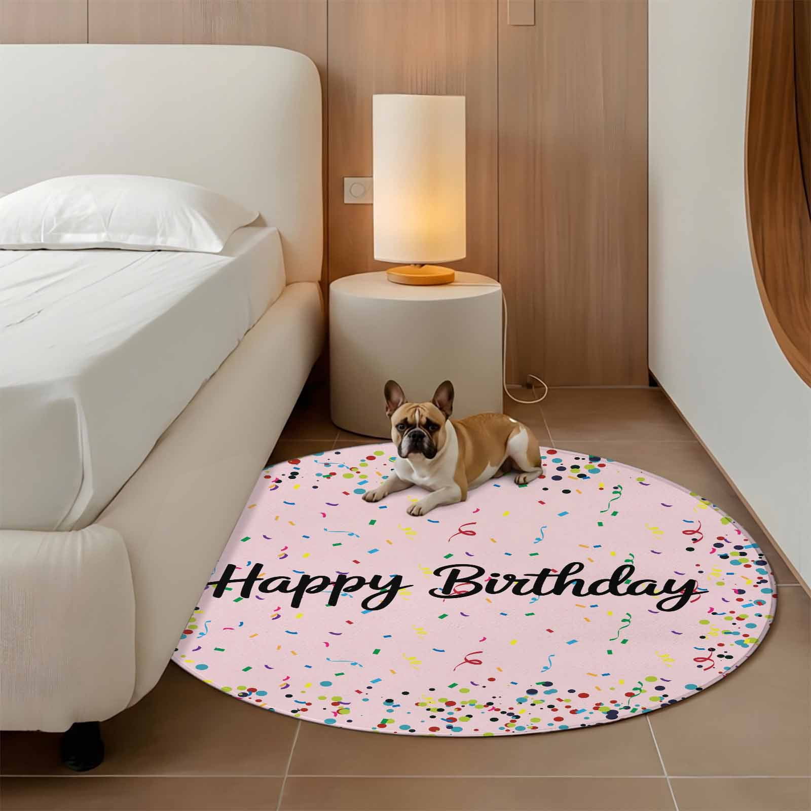 Happy Birthday Large Area Rugs for Bedroom Living Room, Soft Non Slip Carpet Bedside Rug, Pink Modern Abstract Art Round Floor Cover Kitchen Accent Rug 5' for Dining Room/Office
