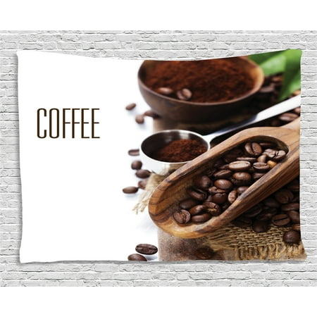 Coffee Tapestry, Bean and Ground Plants Filter Coffee Equipment Caffeine Addiction and Tropic Taste, Wall Hanging for Bedroom Living Room Dorm Decor, 60W X 40L Inches, Brown Green, by