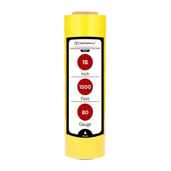 SSBM Yellow Tinted Cast Hand Stretch Wrap 18" x 1500' 4 Rolls 80 Gauge Plastic Self Adhesive Shrink Film for Packing
