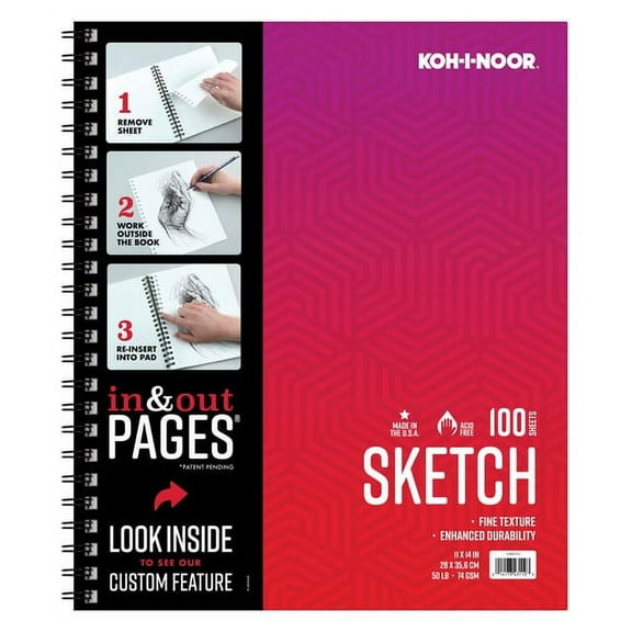 Koh-I-Noor 11" x 14" Sketch Paper Pad with In & Out Pages, 50 lb. /74 GSM, Side Wire Bound, 100 Sheets, 1 Pad