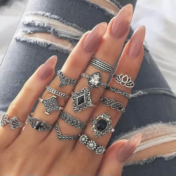 HOOUN Elegant Women Midi Finger Ring Set Vintage Punk Boho Knuckle Rings Jewelry-15Pcs Black Sapphire #9