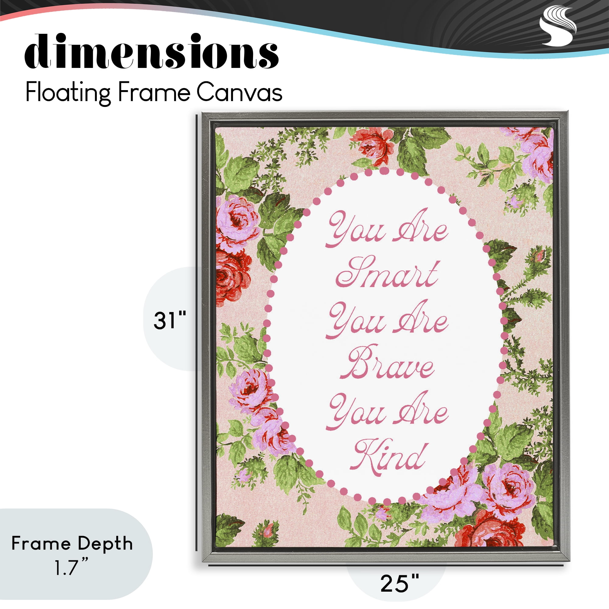 Stupell Industries Smart Brave & Kind with Vintage Florals Gray Framed Floater Canvas Wall Art, design by Lil' Rue