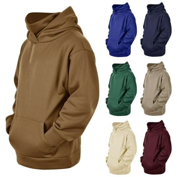 Mens High Neck Hoodies, Soft Fleece Pullover for Men Winter Casual Travel Solid Color Long Sleeve Hooded Sweatshirts with Pockets