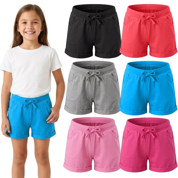 MISS POPULAR Girls 6-Pack Bermuda Short Sizes 4-16 Comfortable Cotton, Spandex Elastic Waistband, Bow-Tie, Pockets & Many Colors