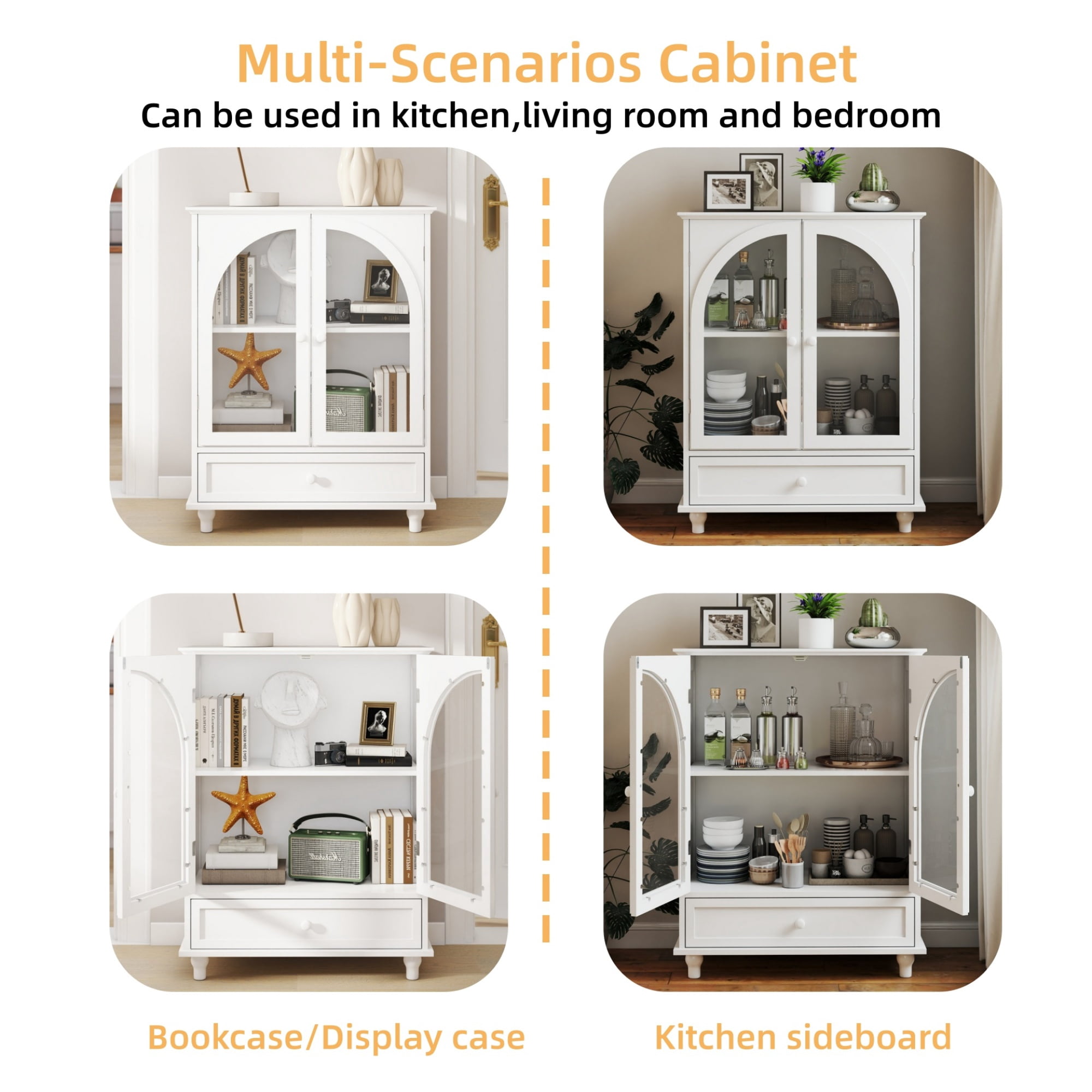 37"H Kitchen Storage Cabinet,Farmhouse Buffet Sideboard with 1 Drawer & 2 Doors,Pantry Cabinet Entryway Cabinet Coffee Bar for Dining Room Living Room,White