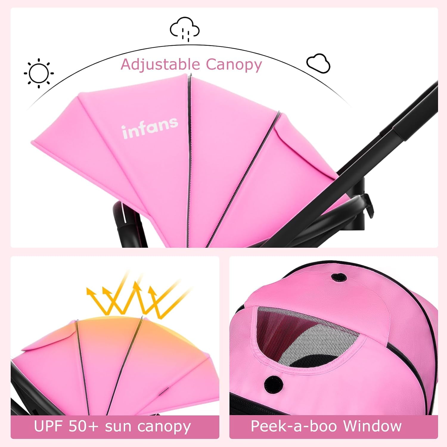 INFANS 2 in 1 Baby Stroller, High Landscape Infant Stroller, Foldable Pushchair with Adjustable Canopy, Cup Holder, Storage Basket, Suspension Wheels (Pink)