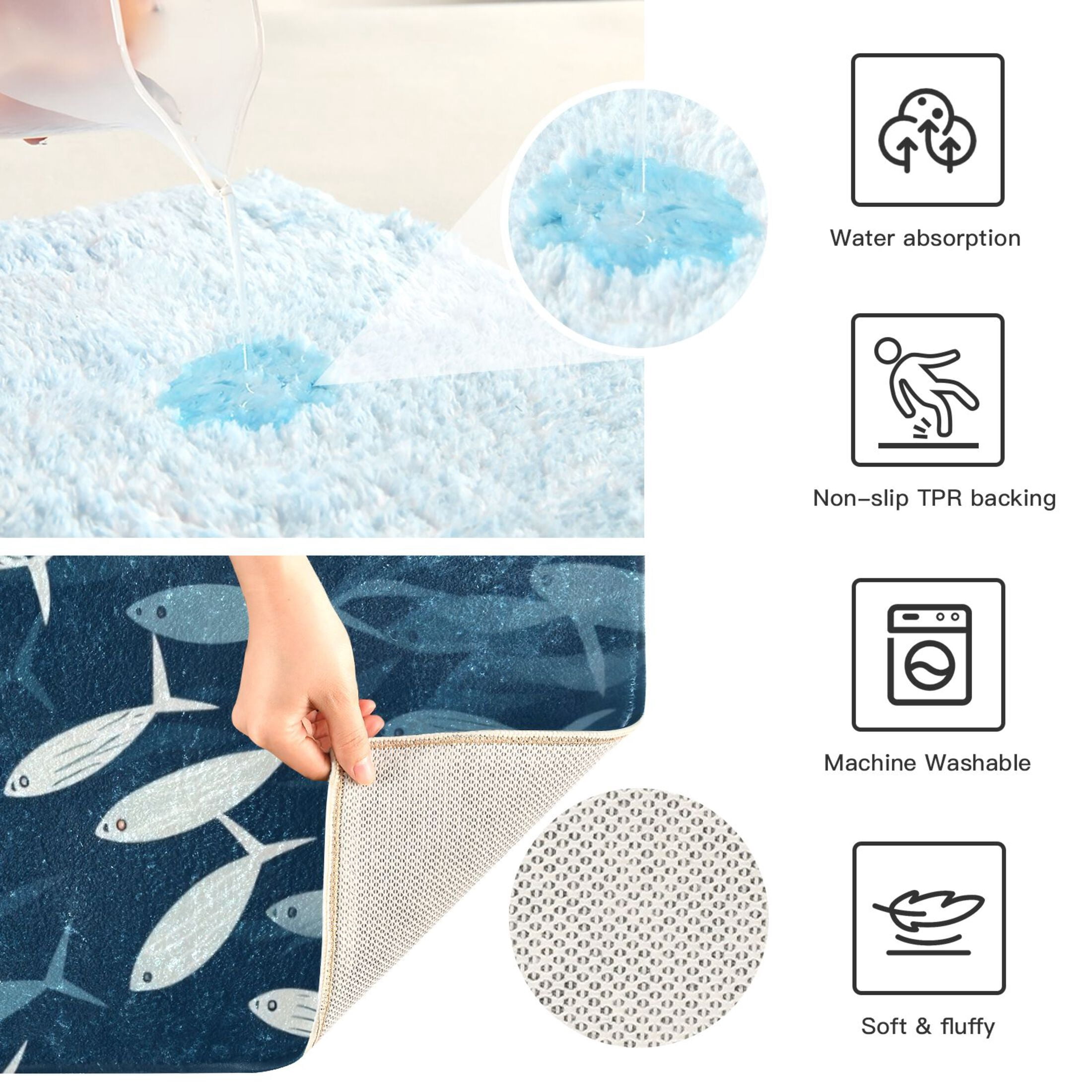 Toilet Rug Set Non-Slip Bathroom Rugs Soft Plush Machine Washable Contour Bath Mat Small Fish Swimming 24x20/24x16
