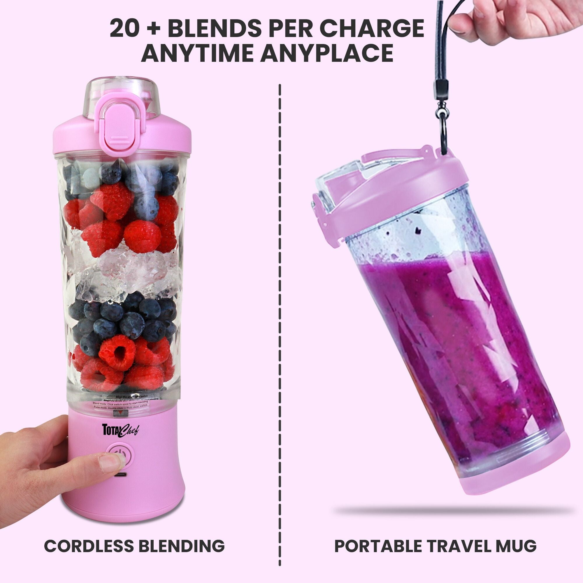 Total Chef Cordless Portable Blender 20 oz, USB Rechargeable, Lilac