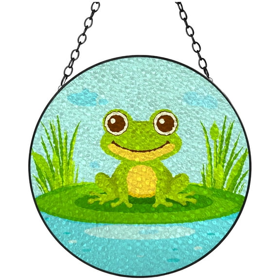 Cartoon Little Cute Green Frog in Pond Stained Glass Suncatcher Colored Handmade Window Hangings Glass Suncatcher Crafts Kits for Indoor Garden Christmas Decor and Memorial 16x16cm(1)