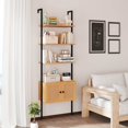 thumbnail image 3 of Wall-Mounted Ladder Shelf 5-tier Bookshelf w/ Rattan-Door Cabinet Display Rack, 3 of 10