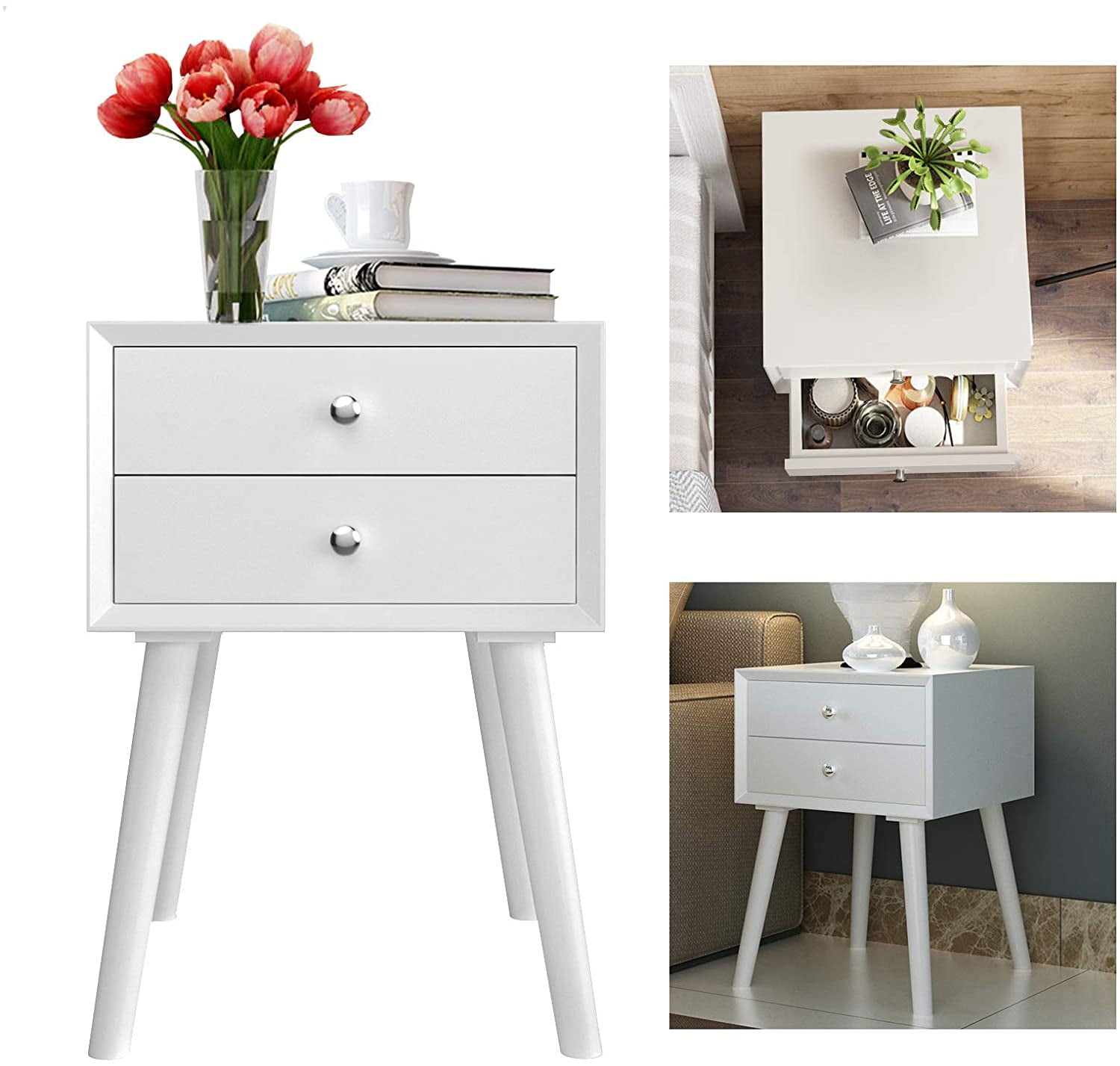Giantex End Side Table Nightstand with Storage Drawer and Shelf, Wood Nightstand with 2-Drawers, Solid Wood Legs Living Room Bedroom Furniture