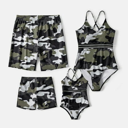 

PatPat Mommy and Me Swimwear Family Matching Camouflage Print Strappy One-piece Swimsuit and Swim Trunks Shorts