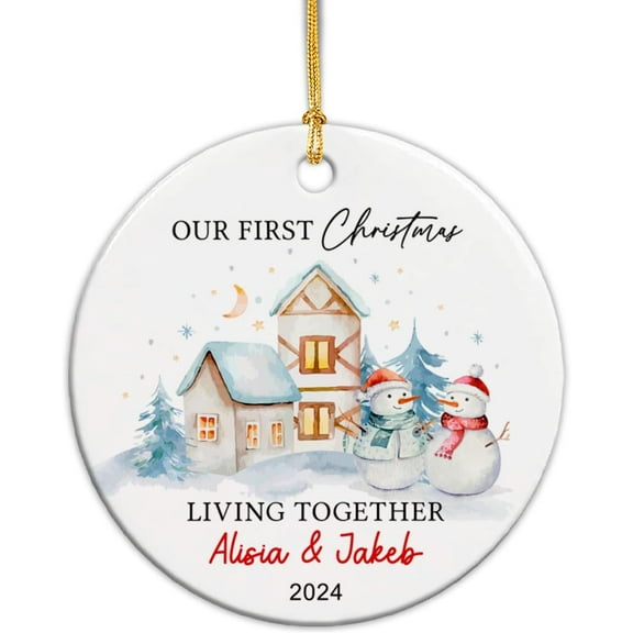 Our First Christmas Living Together Xmas Ornament 2025, Personalized Names & Year Gift, Our 1st Xmas Together Ornament, Couple Snowmans Gift for 1st Married, New Couple Ceramic Ornament 0xUnAz