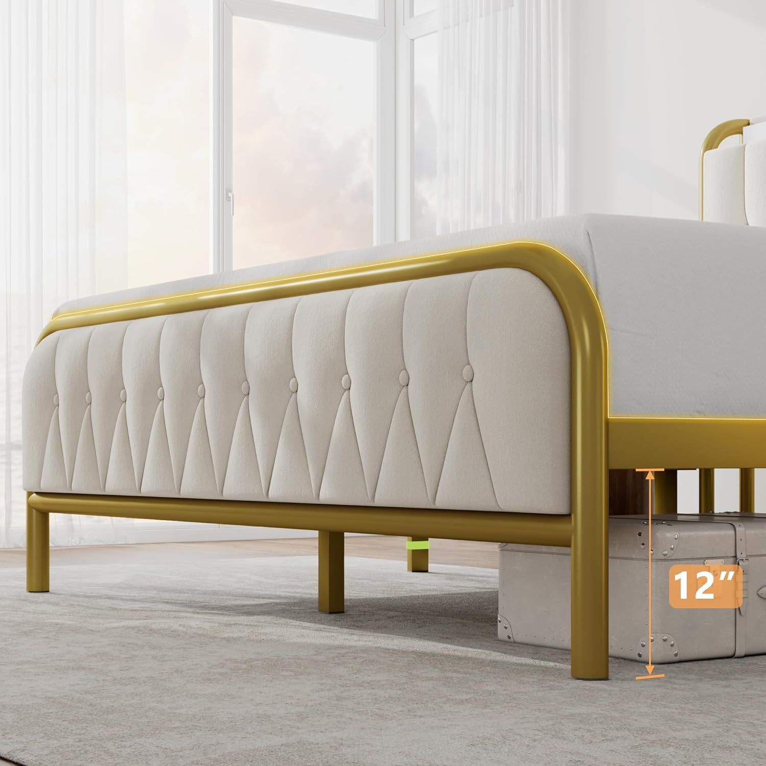 iPormis Full Bed Frame with  USB Ports,12" Underbed Storage Space,Metal Platform Bed, with Velvet Upholstered Headboard & Footboard, Beige