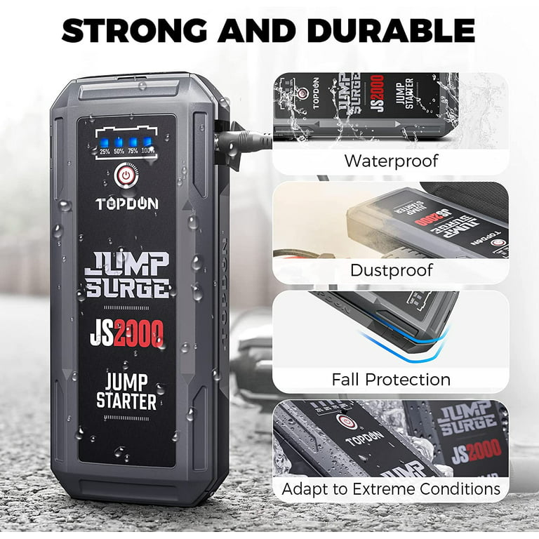 Booster Batterie, TOPDON JS2000 Demarreur Voiture 2000A/16000mAh Jump  Starter pour Moteurs Diesel Jusqu'à 8L et 6L, câbles, Charge R