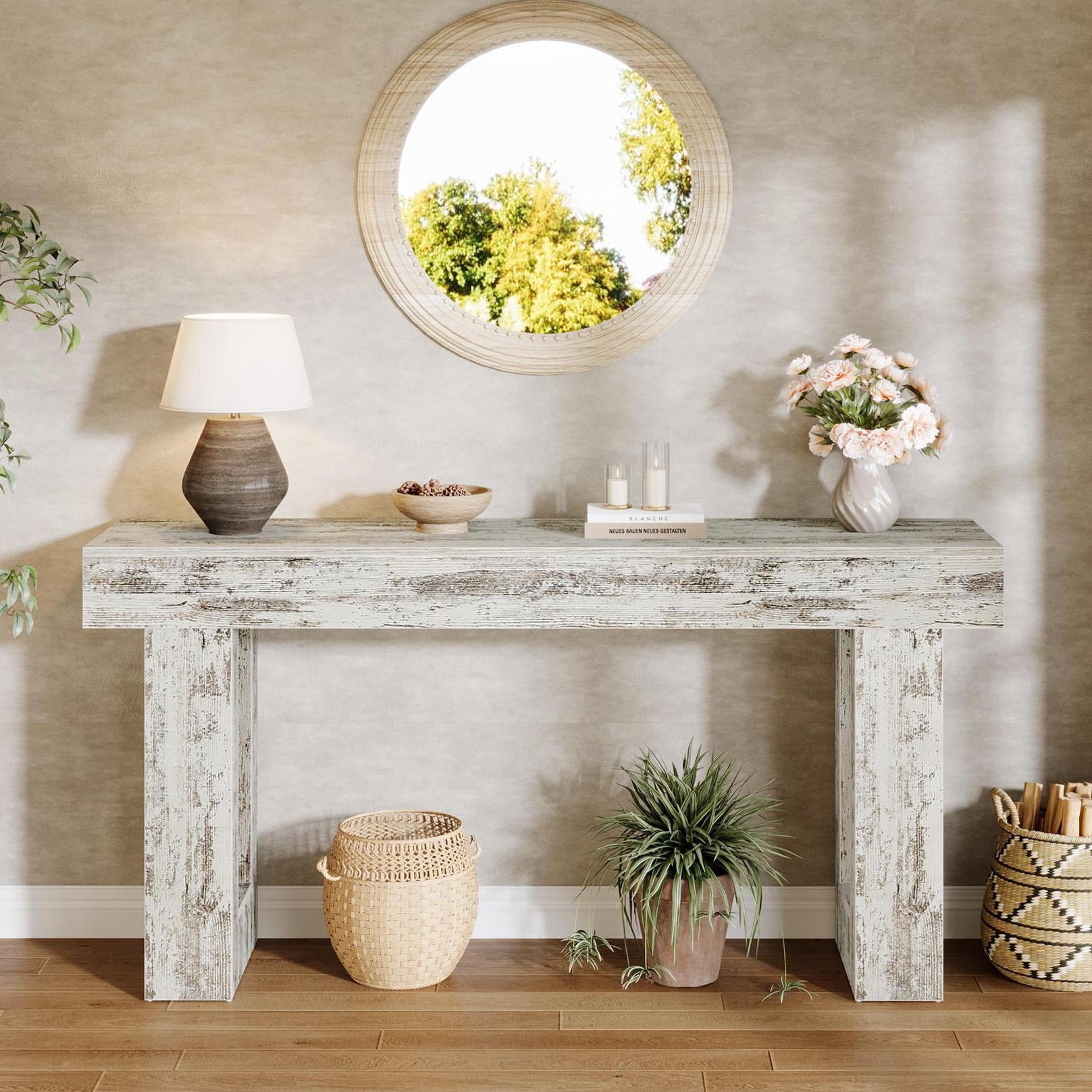 Tribesigns 63-Inch Long Console Table, Farmhouse Wooden Sofa Table Behind The Couch, Entryway Table for Entrance, Hallway, Living Room, Distressed White