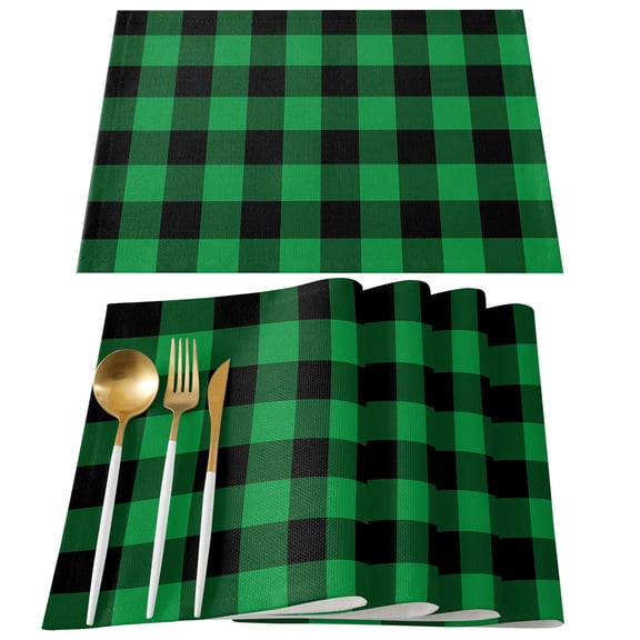 Dark Green Buffalo Check Placemats Set of 6, Rustic Modern Art Green Plaid Placemats for Dining Table, Place Mats for Kitchen Tabletop, Waterproof Wipeable Dining Table Mats Set