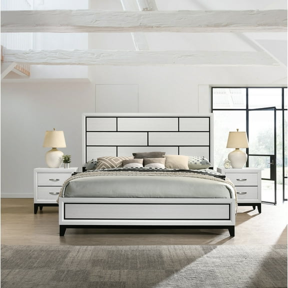 Stout Contemporary 3-Piece Panel Bedroom Set in White Finish with Queen Bed and Two Nightstands