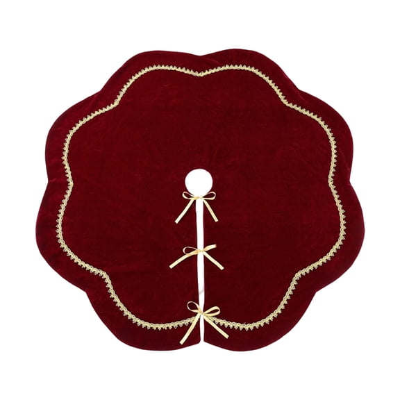 Luxury Velvet Tree Skirt 48in – Gold Lace Scalloped Edge, Premium Xmas Base Cover, Holiday Party & Home Decoration