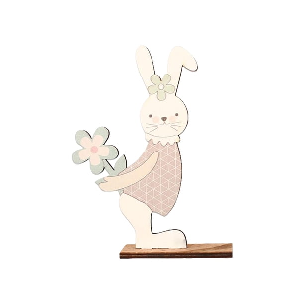 Adorno de escritorio de madera con forma de conejo de Pascua, regalo exquisito, decoración para el aula y el hogar. Sosteniendo Flor