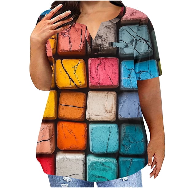 Plus Tamaño de las Mujeres Blusas, Cuello en V Casual Suelto Manga Corta Superior, Impresión Blusa Poliéster Spandex