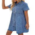 thumbnail image 2 of Robe en Denim d'Été pour Femmes, Décontractée, à Revers, Boutonnée, Manches Courtes, Volants, à Étages, Style Babydoll, Robe Courte en Jean, 2 of 7