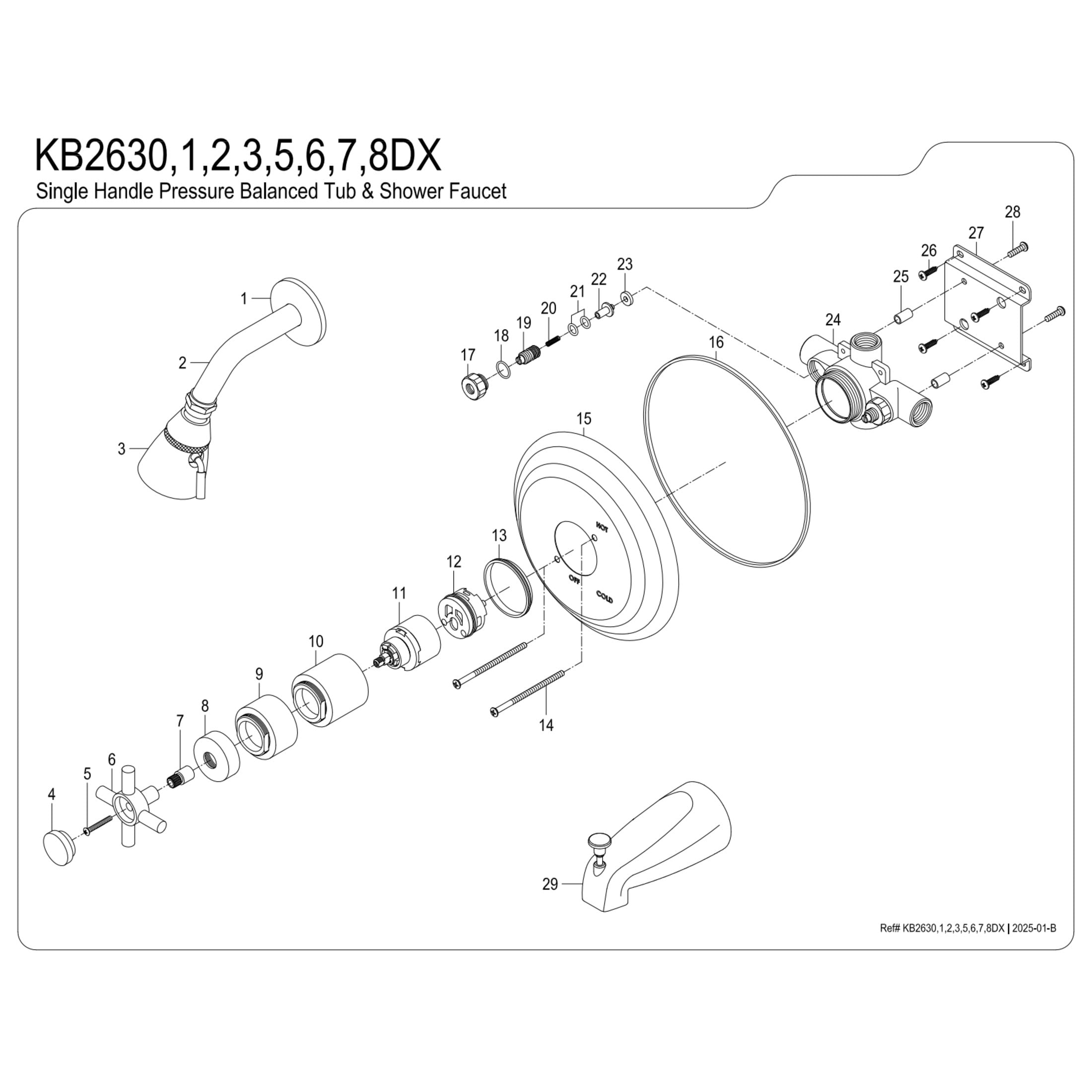 Kingston Brass KB2630DX Concord Single-Handle Pressure Balanced Tub and Shower Faucet, Matte Black