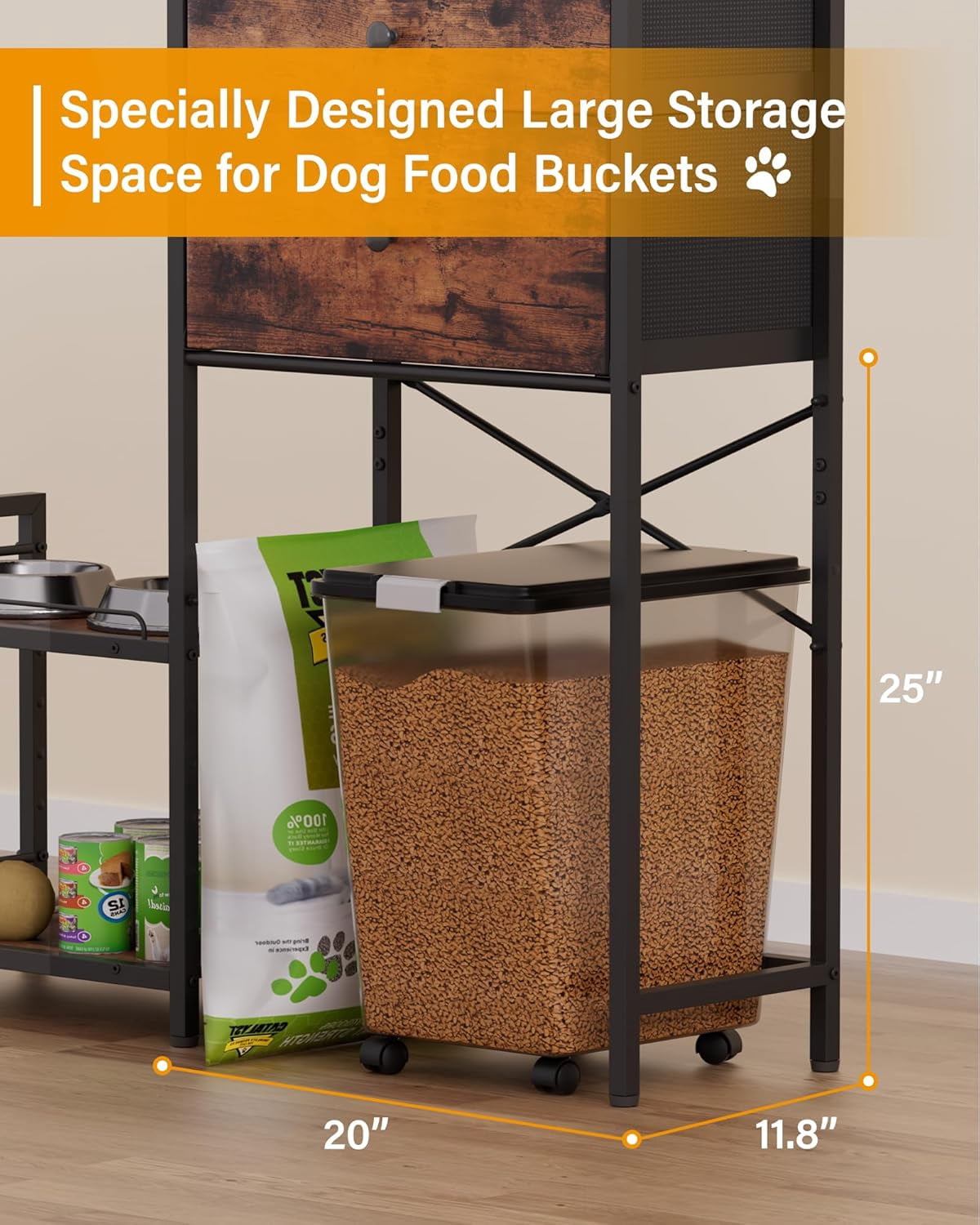 Elevated Dog Bowls,8 Heights Adjustable Dog Storage Organizer Shelves with Toy Double Drawer, Pet Food Station Cabinet for Medium Large Dogs,Elevated Dogs Bowls with Storages, Rustic Wood Brown