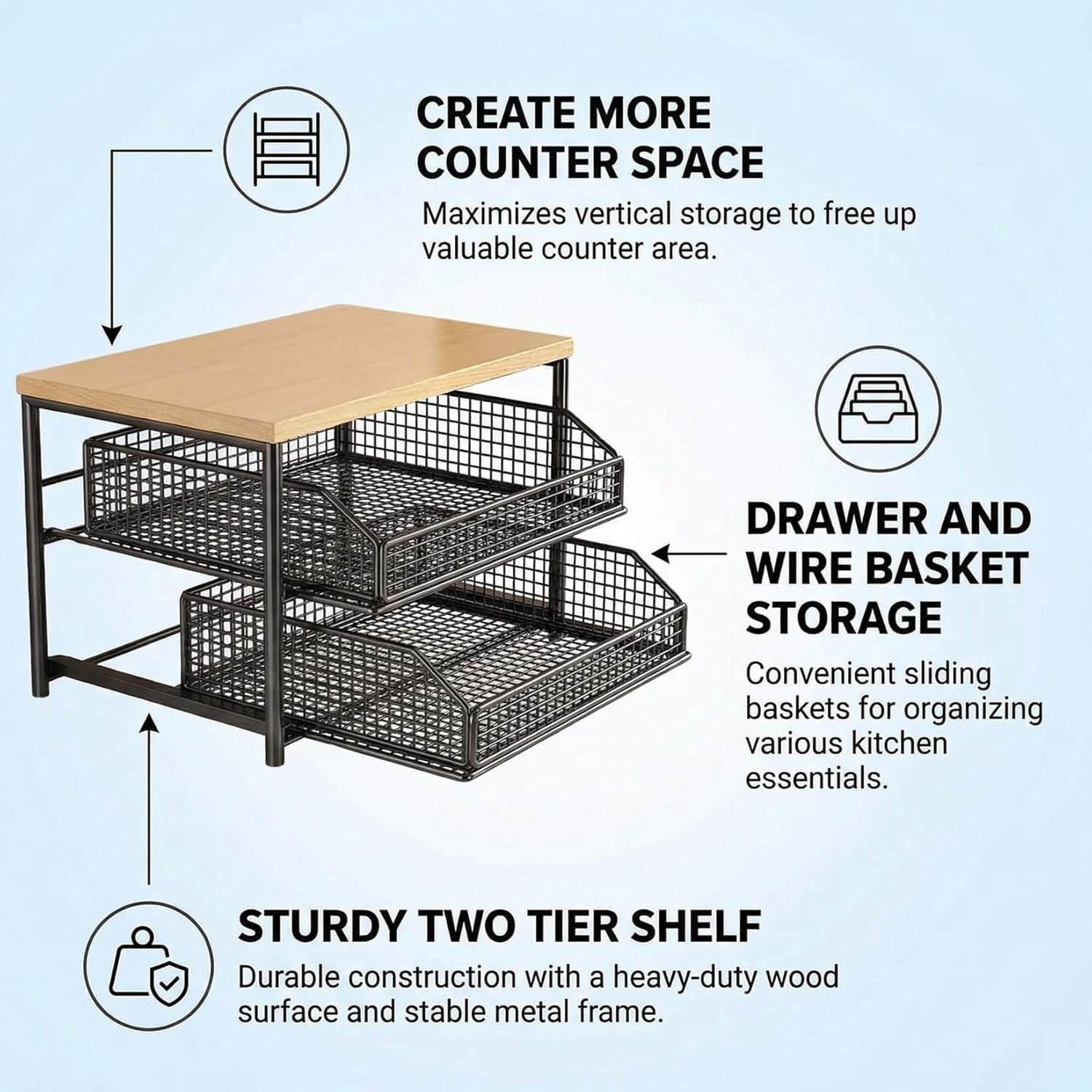 Kitchen Countertop Organizer with Drawer & Wire Basket, Hardwood Shelf, Sliding Drawer, Space-Saving Kitchen Pantry Organizer with Counter Shelf