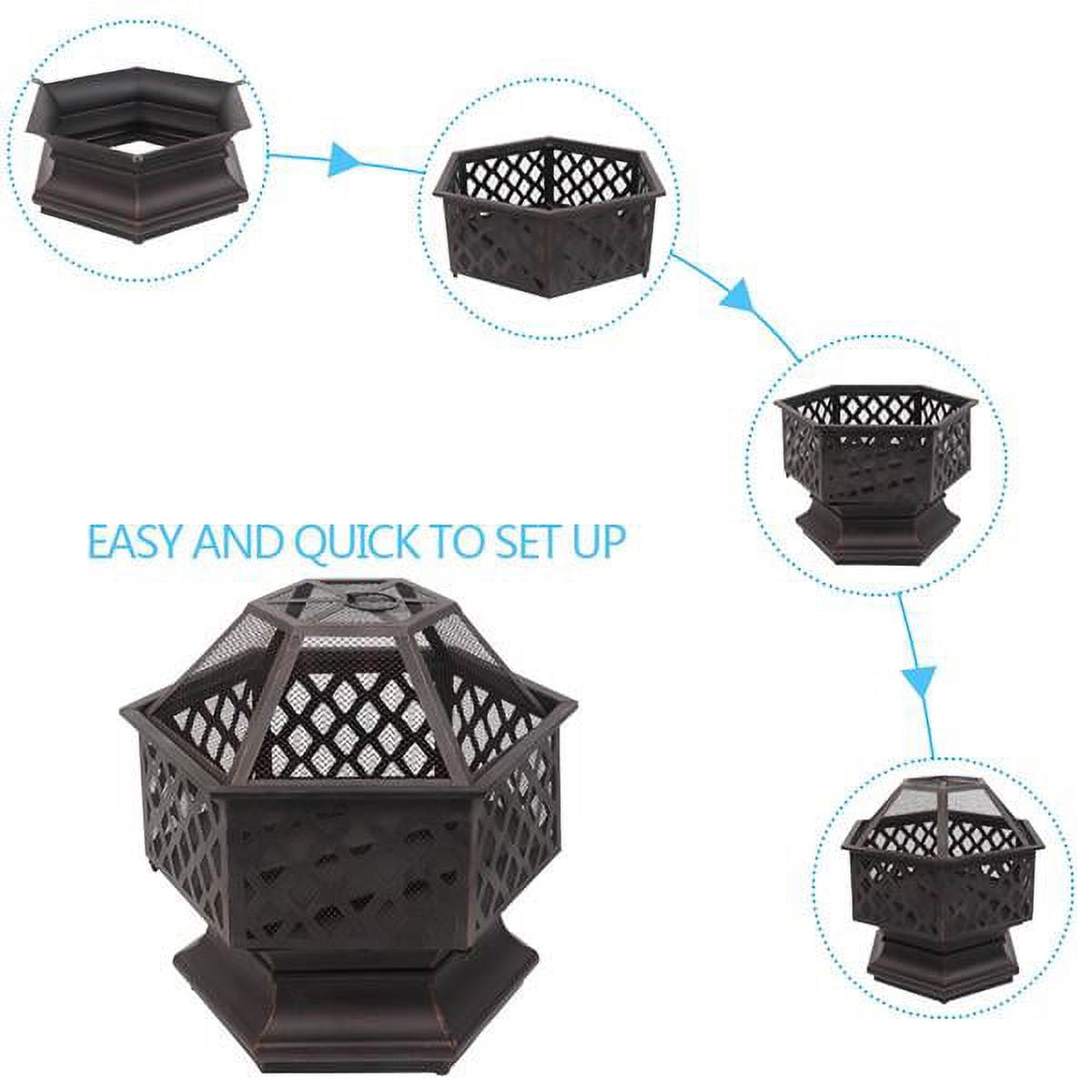 22" Hexagonal Iron Brazier Fire Pit – Antique Copper Wood Burning Outdoor Fireplace with Spark Guard for Backyard & Poolside