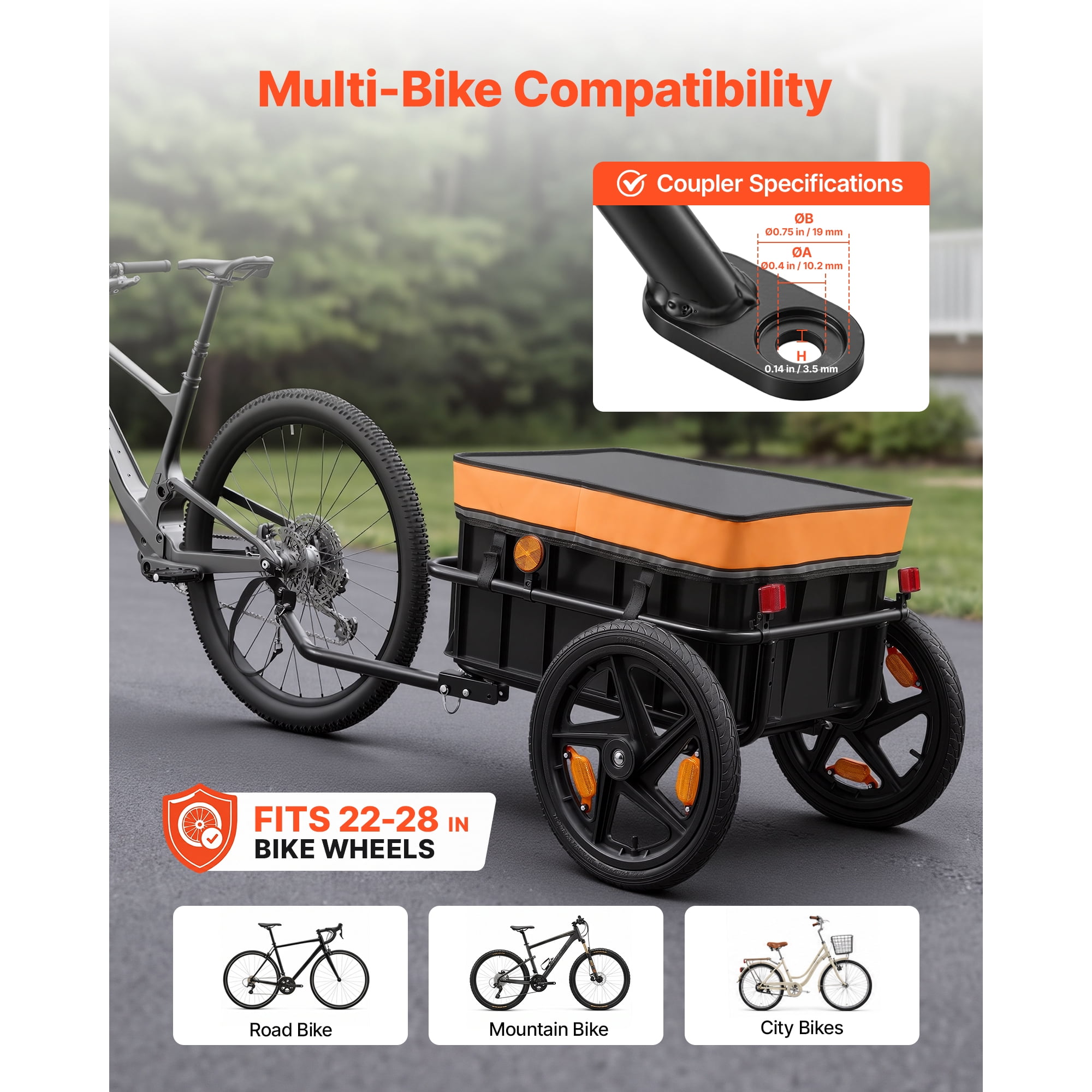 KFFKFF Bike Cargo Trailer 100 lbs 2-in-1 Pushcart Durable Bicycle Wagon, Cart with Weatherproof Cover, 7 in & 16 in Wheels, Reflector, Sturdy Steel Frame, Compatible with 22-28 in Bike Wheels