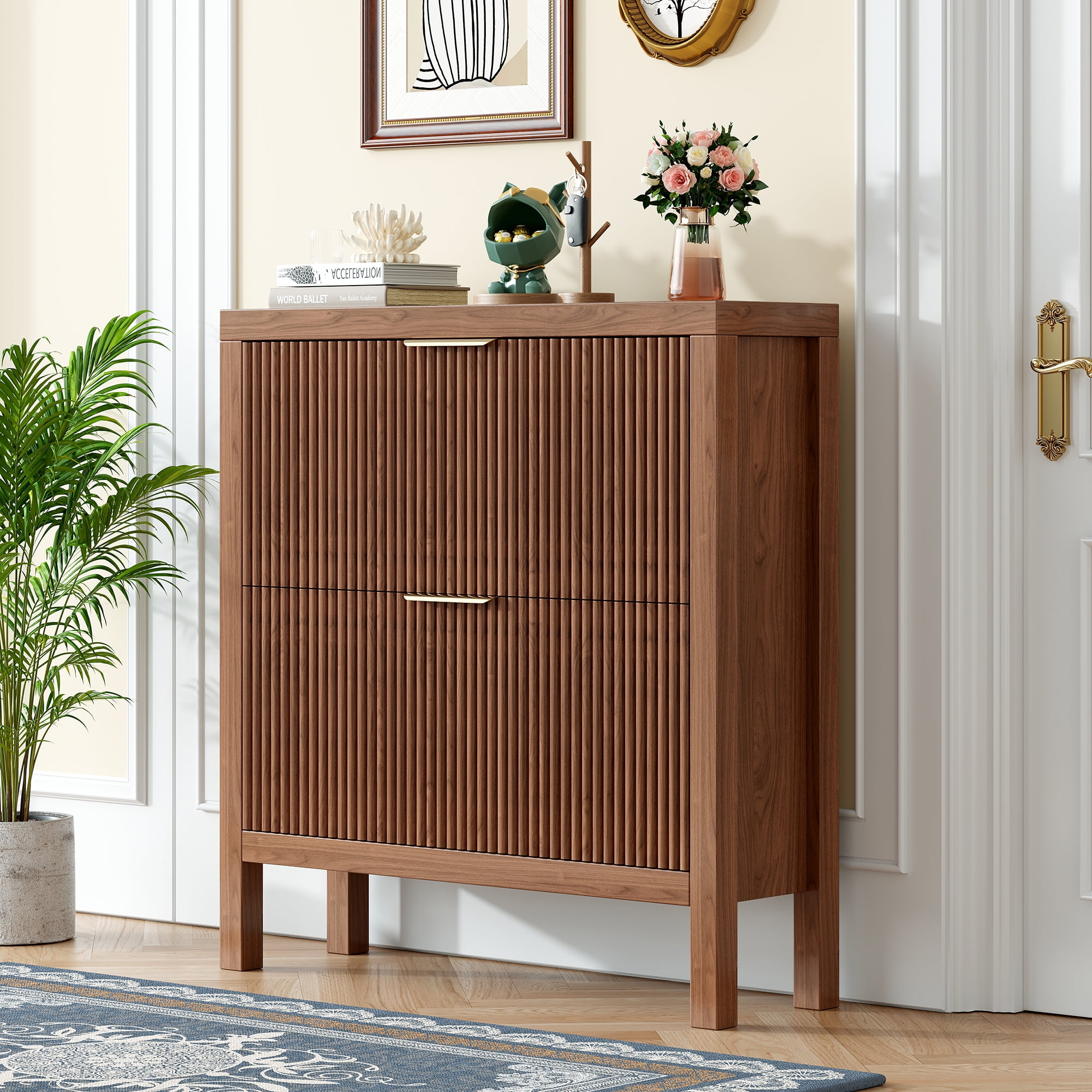 Modern Slatted Wood Shoe Organizer with Dual Flip Drawers, Slim Shoe Storage Cabinet, Wood Freestanding Organizer Shoe Rack for Entryway, Small Spaces, or Hallway, Walnut