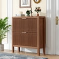 thumbnail image 2 of Modern Slatted Wood Shoe Organizer with Dual Flip Drawers, Slim Shoe Storage Cabinet, Wood Freestanding Organizer Shoe Rack for Entryway, Small Spaces, or Hallway, Walnut, 2 of 7